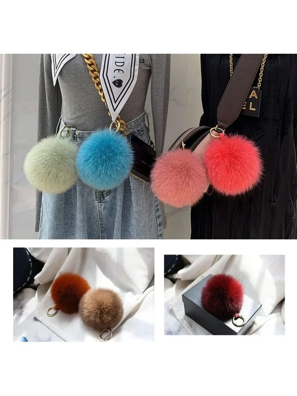Fluffy Real Fox Fur Pompom Keychain | Large Furry Bag Charm Accessory